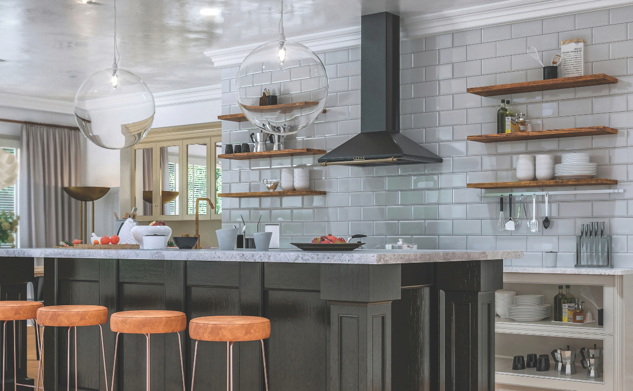 kitchen with a dark island, four wooden bar stools, grey backsplash tiled walls and open shelves, a stainless range hood, and a dining area with large windows and hanging globe lights.