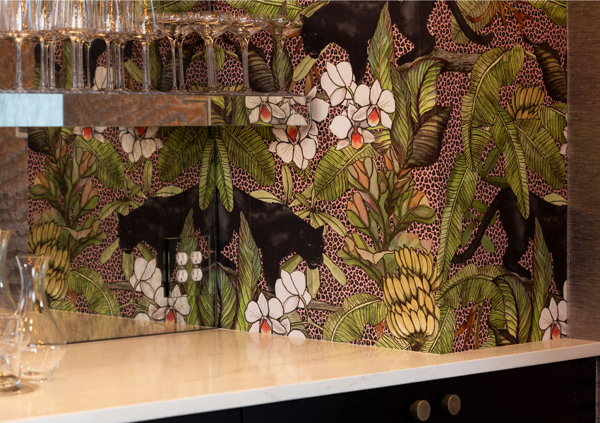 Maximalist wall paper on bar stand Design by Margarita Bravo Photography by Tahvory Bunting